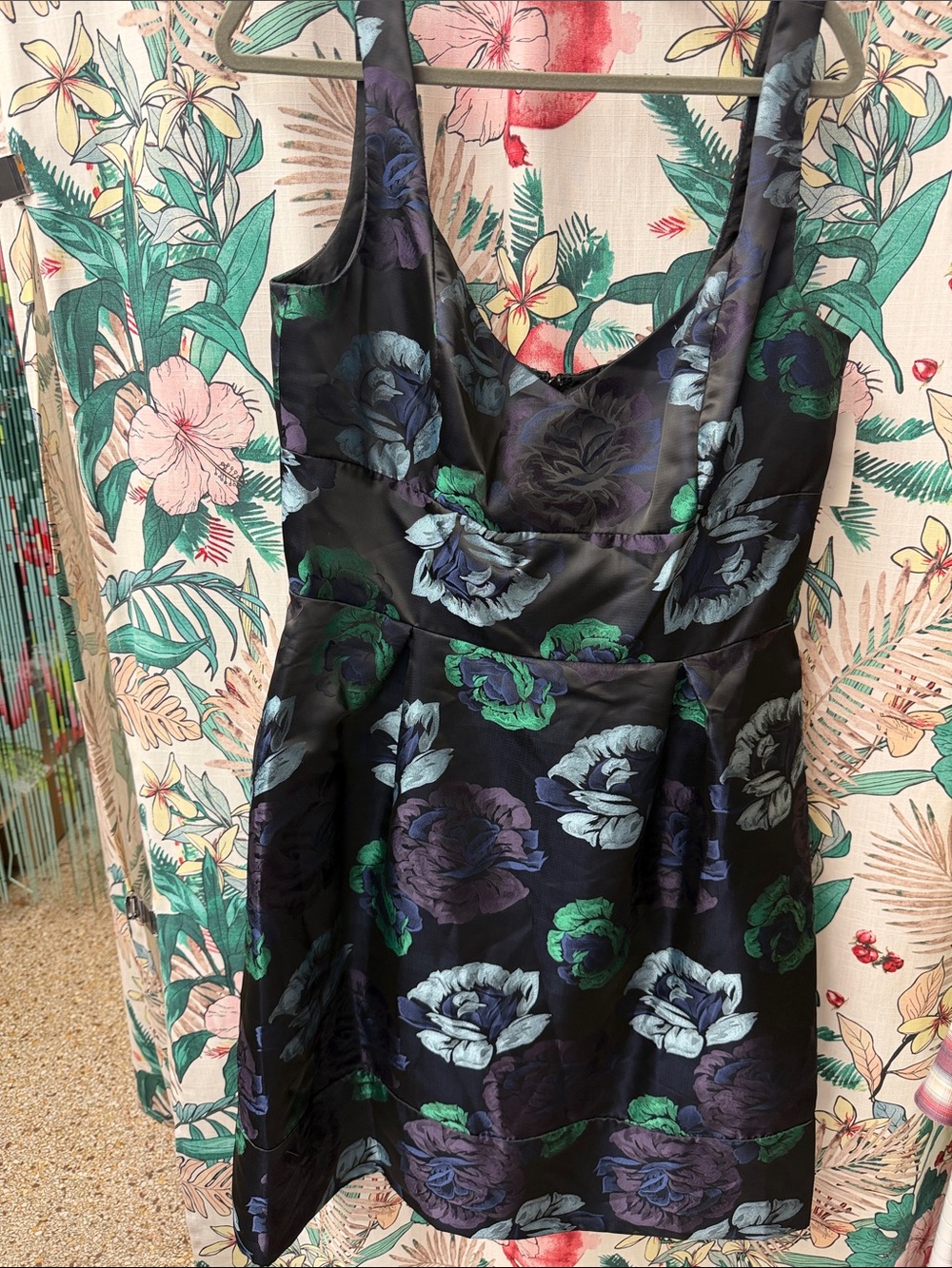 NWT Sample Dessy Collection Black Floral Satin Fit-and-Flare Dress size 16